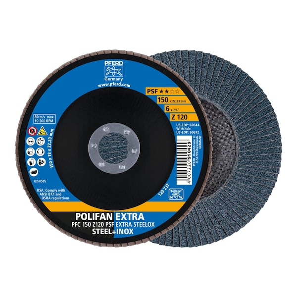 Pferd 6" x 7/8" A.H. POLIFAN Flap Disc - Z PSF EXTRA STEELOX, Zirconia, 120 Grit, Conical 60644 - main